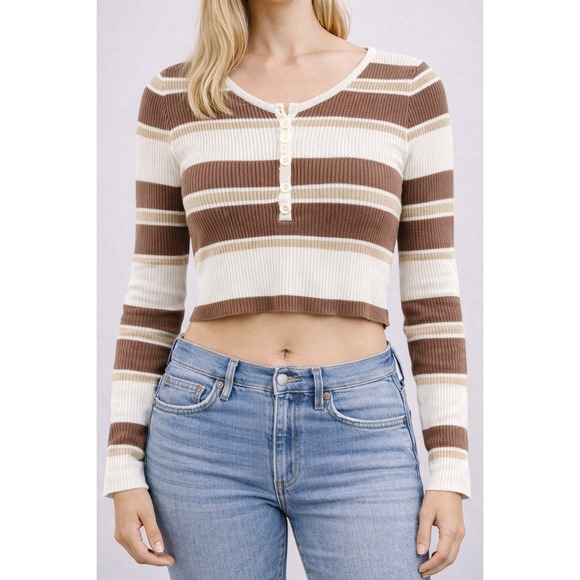 Milk & Mesh Tops - Vtg Y2k 90s Womens Striped Long Sleeve Henley Button Up Knit Top Milk Mesh Small